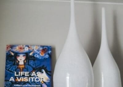 white vases on modern shelves